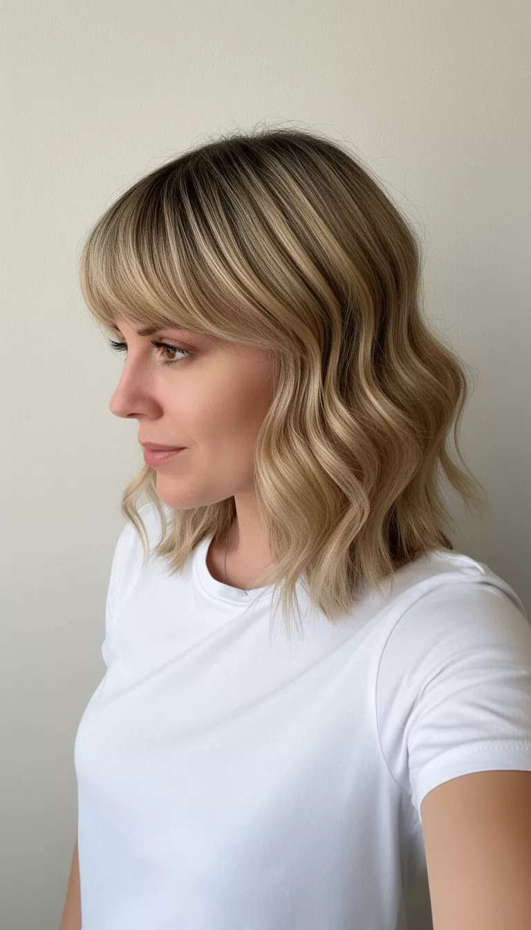 selfie of a 32-year-old woman wearing a white t-shirt with a blonde with darker lowlights colored medium-length, wavy hair with swooping bangs hairstyle, side profile, plain light wall.
