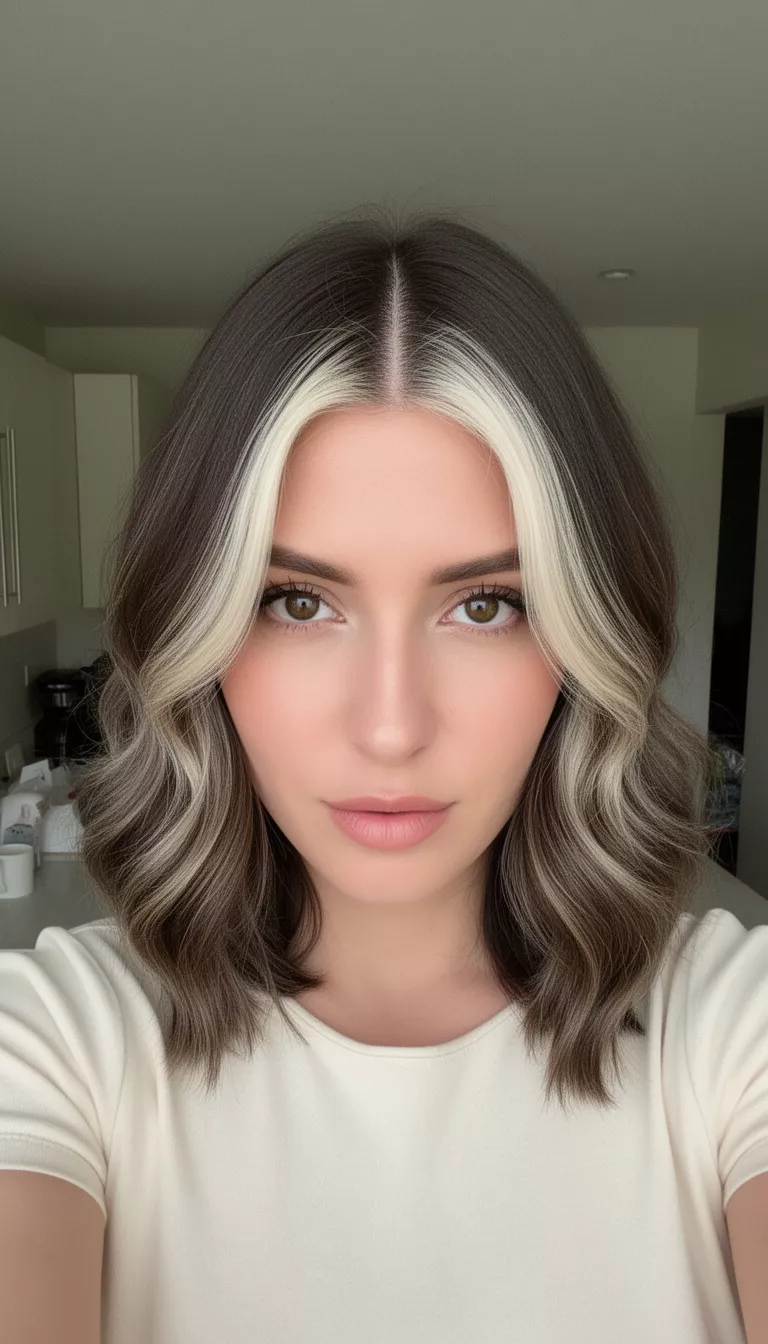 selfie of a 28-year-old woman wearing a light-colored top with a dark brown with platinum blonde highlights colored center-parted wavy lob hairstyle, front view, indoor setting.