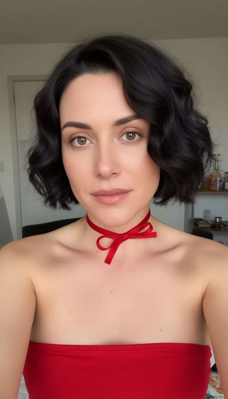 selfie of a 30-year-old woman wearing a red strapless top with a red ribbon choker with a dark colored short, wavy bob hairstyle, front view, indoor setting.