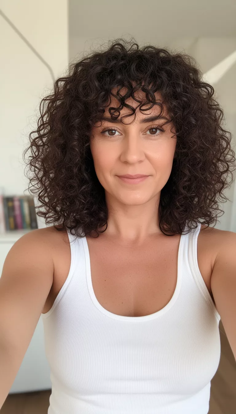 selfie of a 35-year-old woman wearing a white tank top with a dark brown colored medium-length curly hair and curly bangs hairstyle, front view, bright setting.