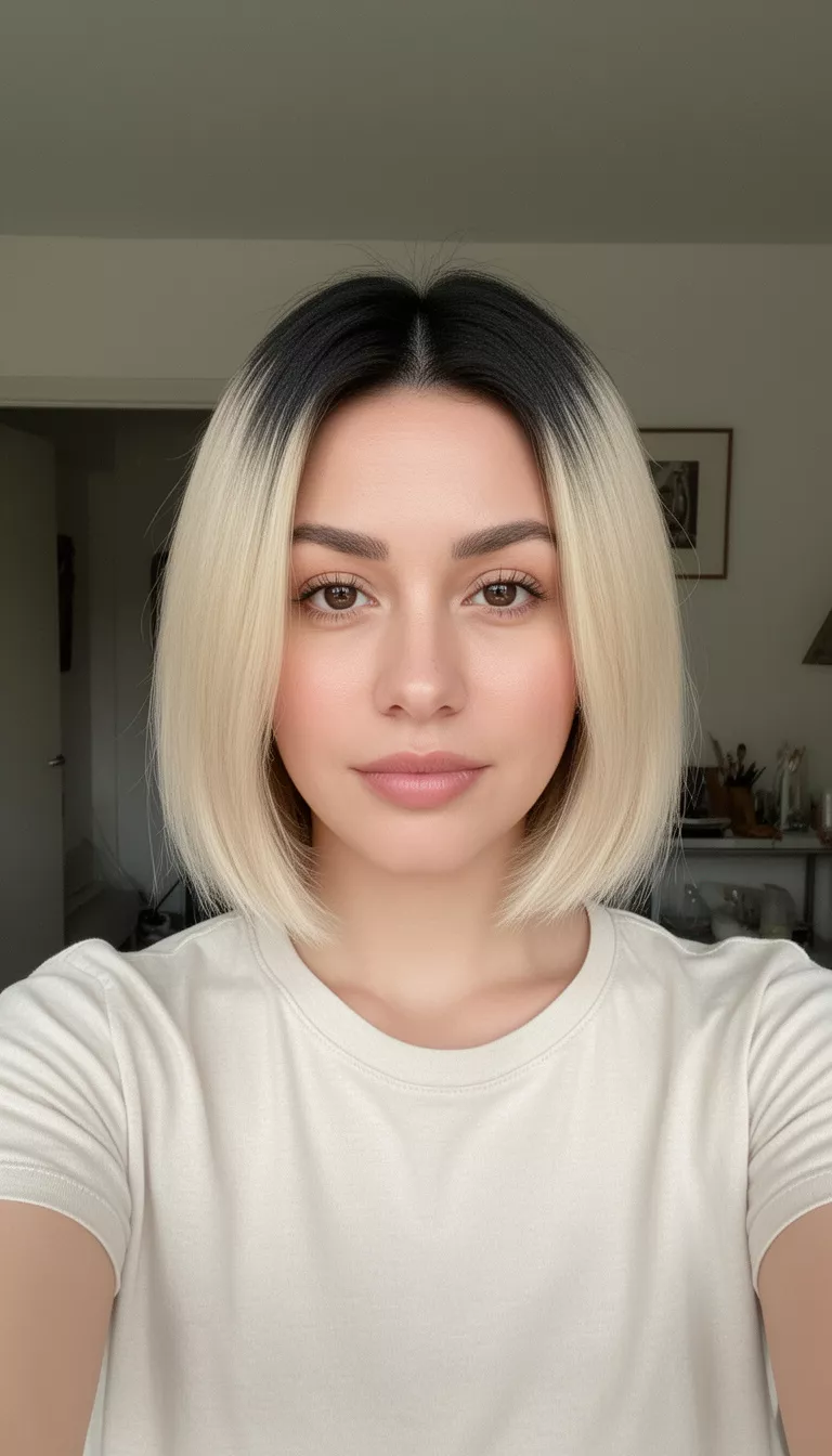 selfie of a 27-year-old woman wearing a light t-shirt with a dark roots and creamy blonde colored medium-length bob hairstyle, front view, indoor setting.