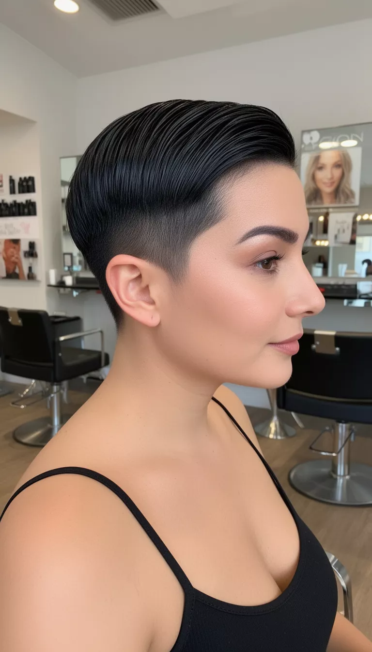 selfie of a 32-year-old woman wearing a black thin-strap top with a black colored very short, slicked-back pixie hairstyle, side view, salon setting.