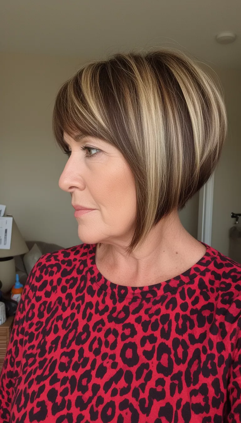 selfie of a 47-year-old woman wearing a red and black leopard print top with a brown with blonde highlights colored short hair with long side-swept bangs hairstyle, side profile, indoor setting.