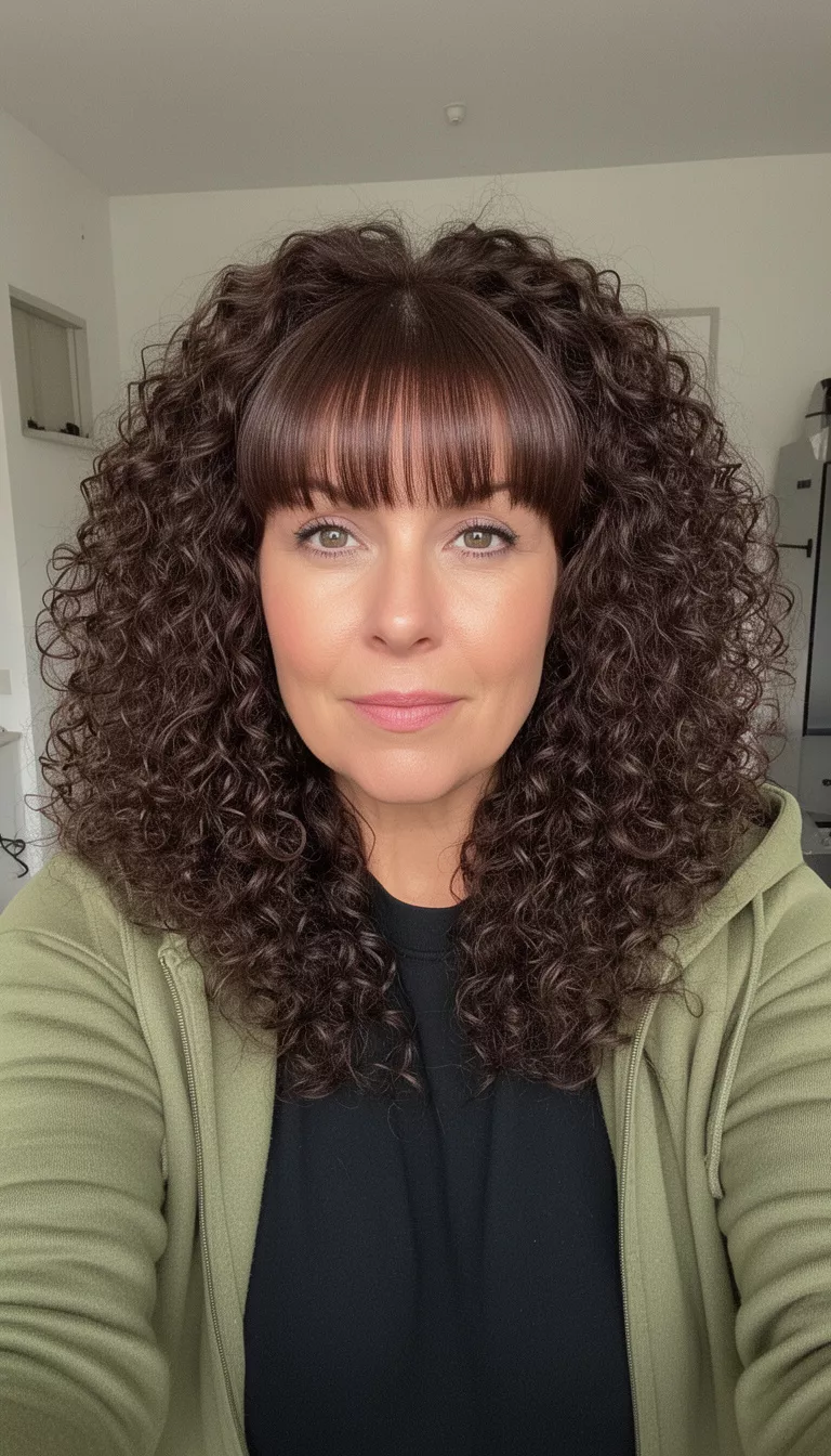 selfie of a 41-year-old woman wearing an olive green hooded top over a black piece with a dark brown colored tight, voluminous curls with bangs hairstyle, front view, indoor setting.