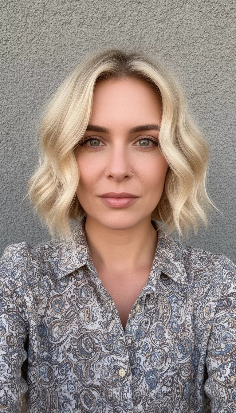 selfie of a 31-year-old woman wearing a patterned, collared top with a blonde colored long, wavy short blonde hairstyle, front view, textured gray background.