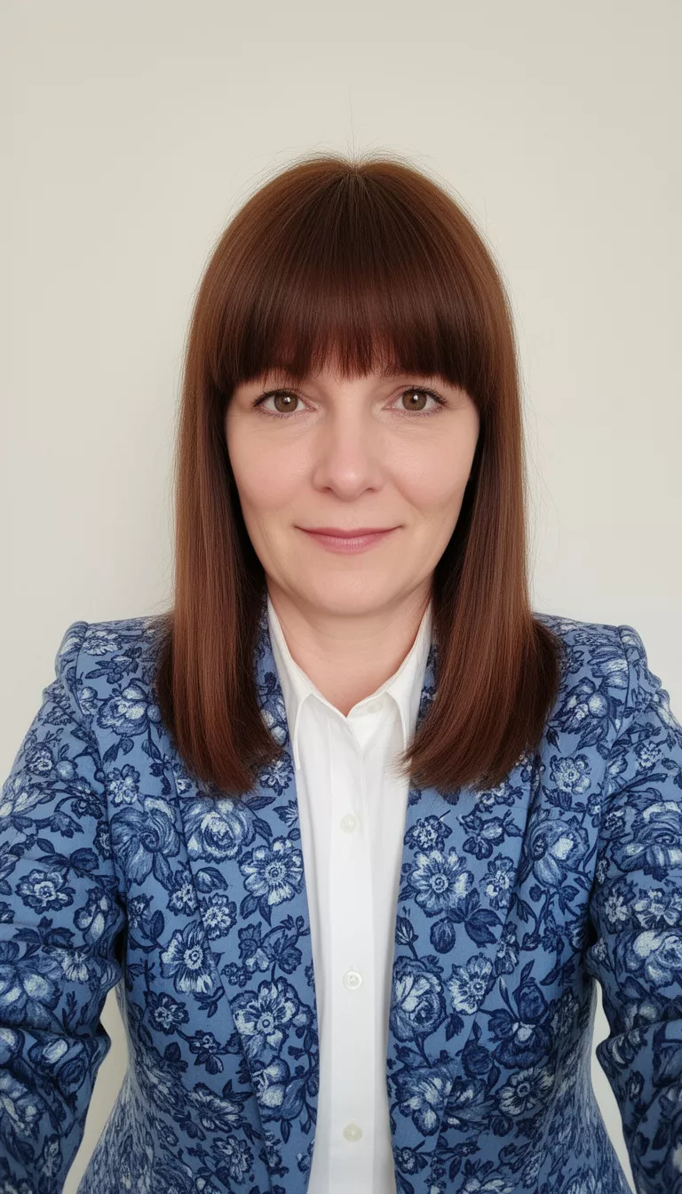 selfie of a 42-year-old woman wearing a white collared shirt under a blue floral-print blazer with a brown colored medium-length, straight hair with bangs hairstyle, front view, light backdrop.