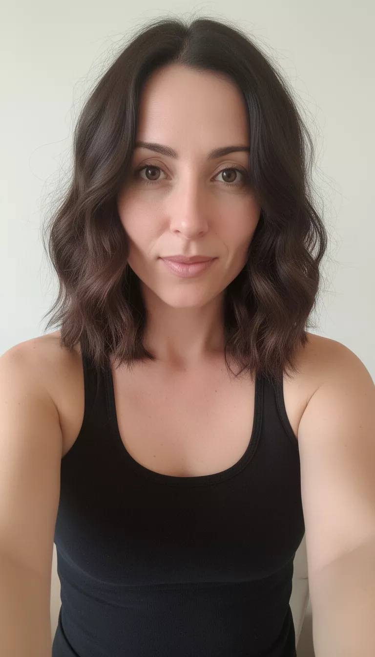 selfie of a 33-year-old woman wearing a black tank top with a dark brown colored wavy, medium-length hairstyle, front view, light setting.