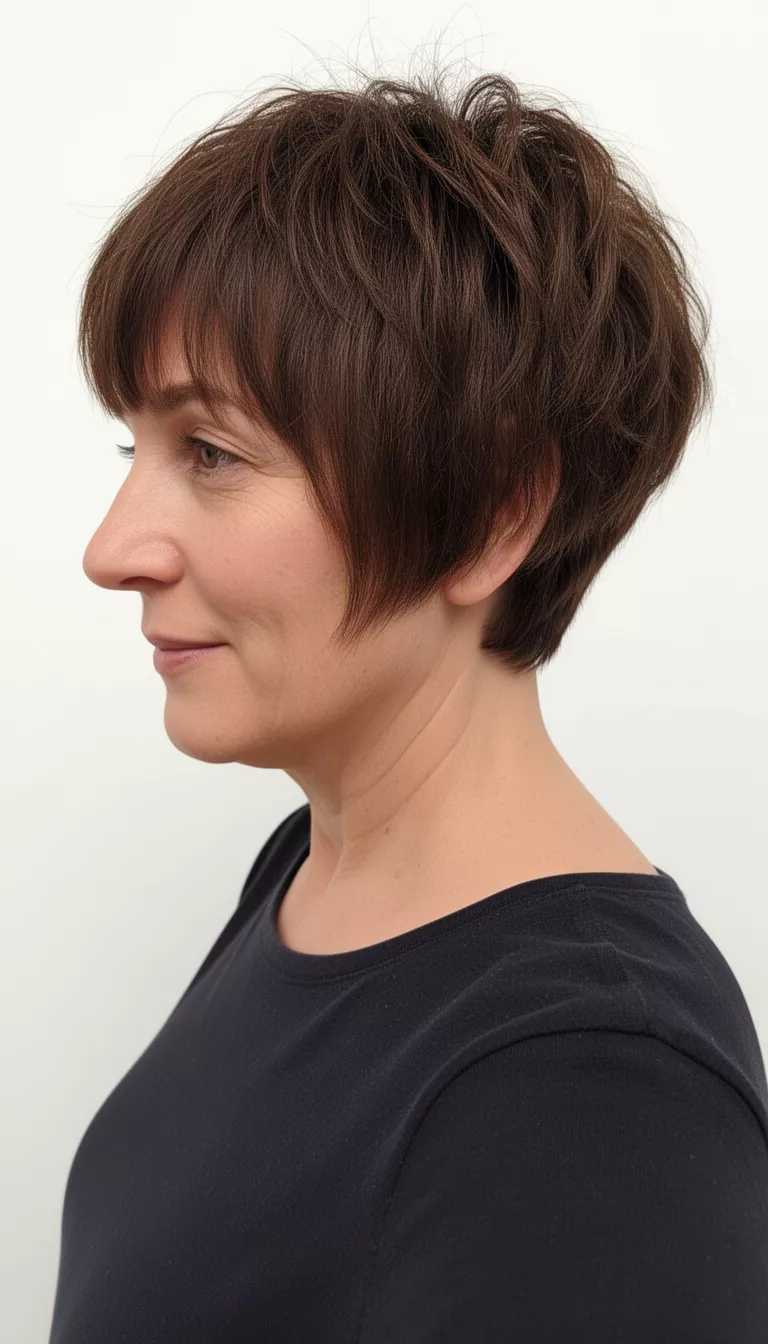 selfie of a 43-year-old woman wearing a dark top with a dark brown colored short, layered, textured hair and short bangs hairstyle, side profile, white background.