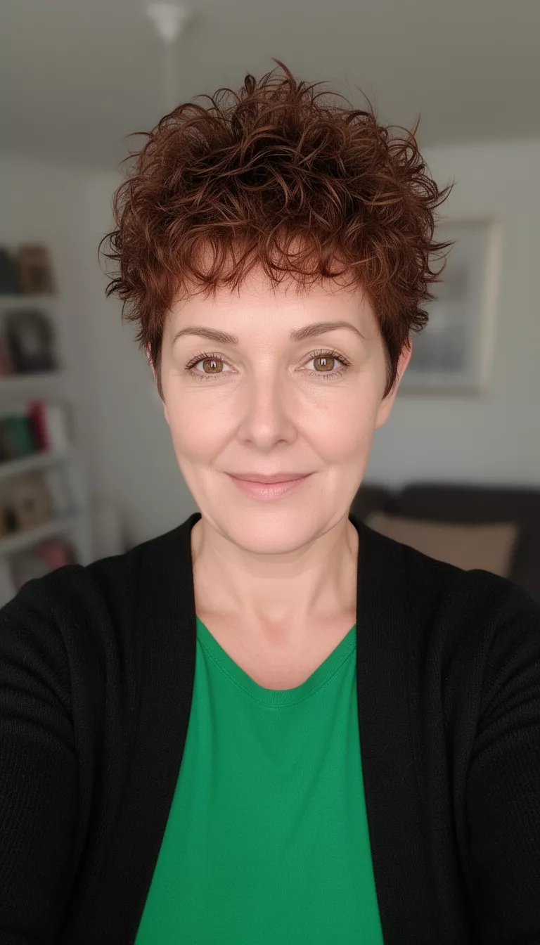 selfie of a 44-year-old woman wearing a green top under a black cardigan with a brown colored short, messy, textured curly pixie hairstyle, front view, indoor setting.