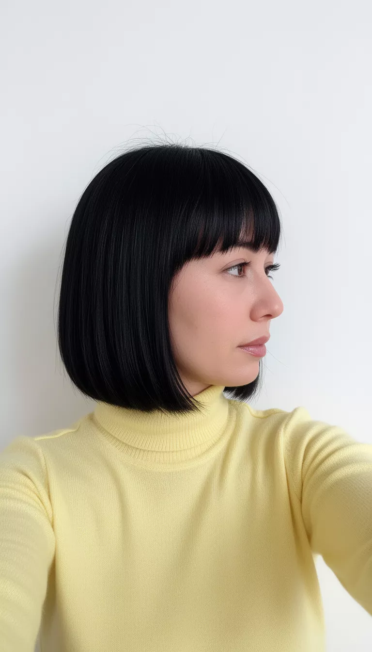 selfie of a 35-year-old woman wearing a light yellow turtleneck with a jet-black colored straight, shiny mid-length bob hairstyle, side profile, plain white surface.