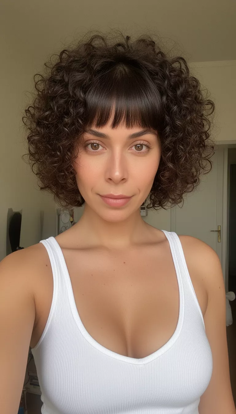 selfie of a 33-year-old woman wearing a low-cut white tank top with a dark brown colored short curly hair with bangs hairstyle, front view, indoors.