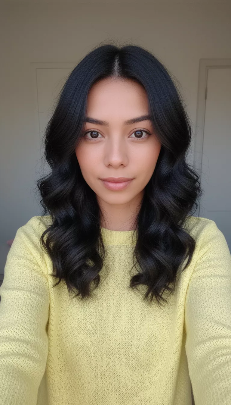selfie of a 27-year-old woman wearing a light yellow knit top with a dark colored wavy hair with face-framing layers hairstyle, front view, soft lighting.