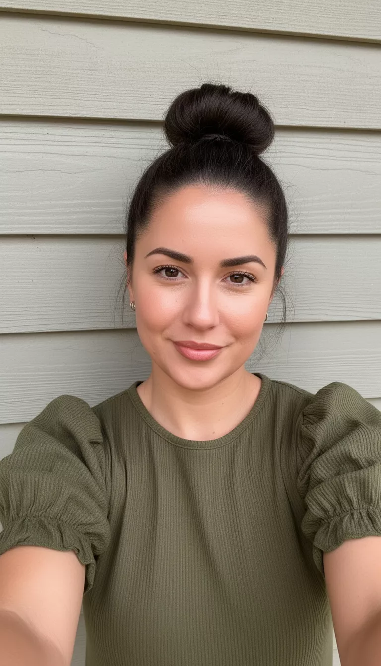 selfie of a 29-year-old woman wearing an olive green puff-sleeve top with a dark colored high top knot hairstyle, front view, against clapboard siding.
