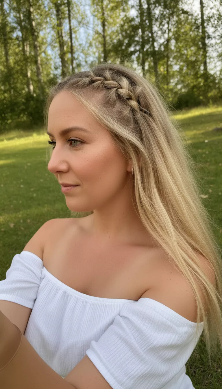 selfie of a 33-year-old woman wearing a white off-the-shoulder top with a blonde colored long hair with small face-framing braids hairstyle, side view, outdoors.