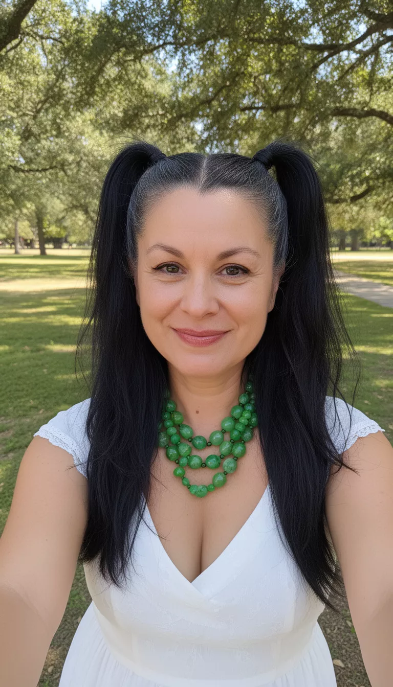 selfie of a 39-year-old woman wearing a white dress and green beaded necklace with a dark colored hair styled in two high half-ponytails hairstyle, front view, outdoors.