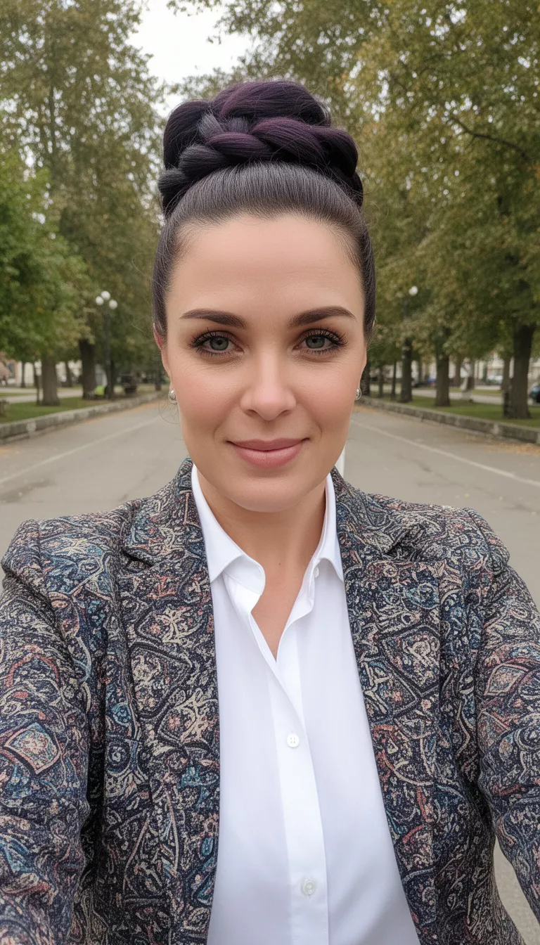 selfie of a 35-year-old woman wearing a white collared shirt and patterned jacket with a dark colored braided hair styled up hairstyle, front view, outdoors.