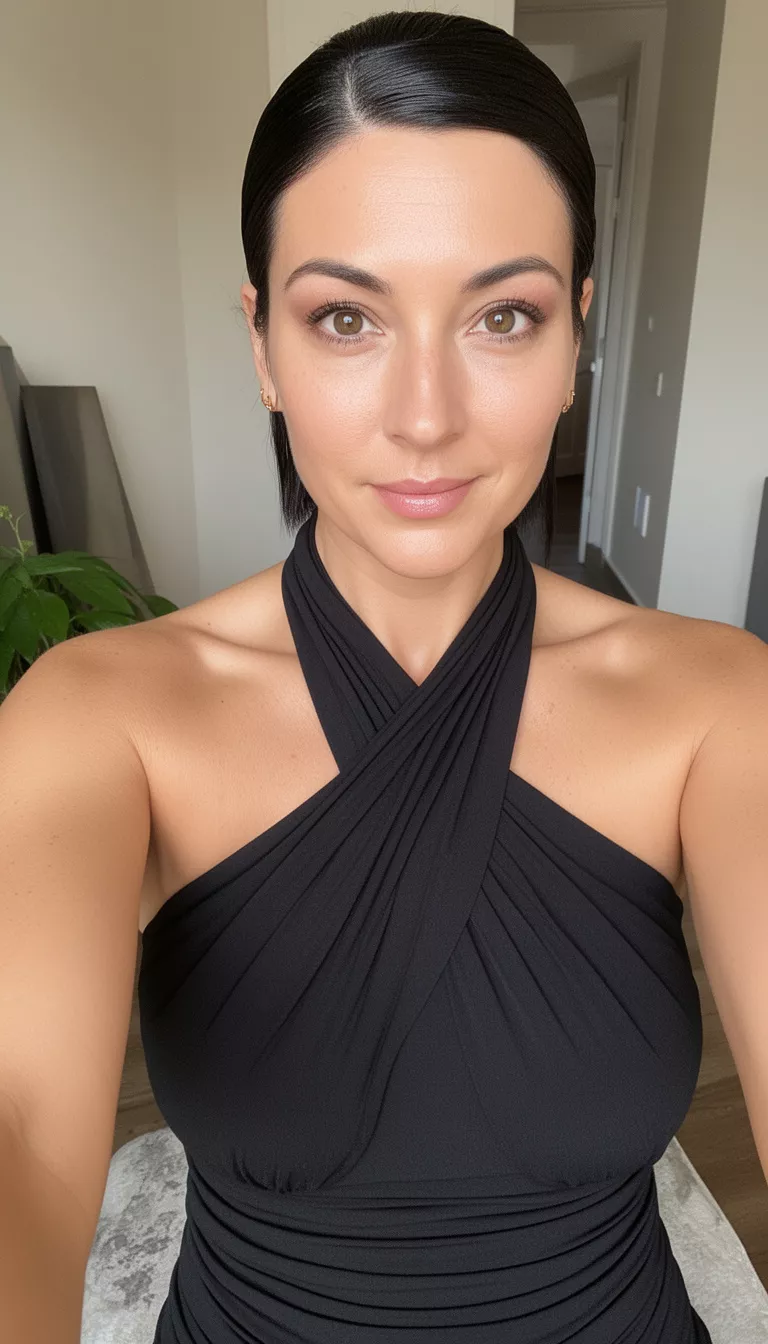 selfie of a 36-year-old woman wearing a ruched black halter neck dress with a dark colored slicked back hairstyle, front view, indoors.