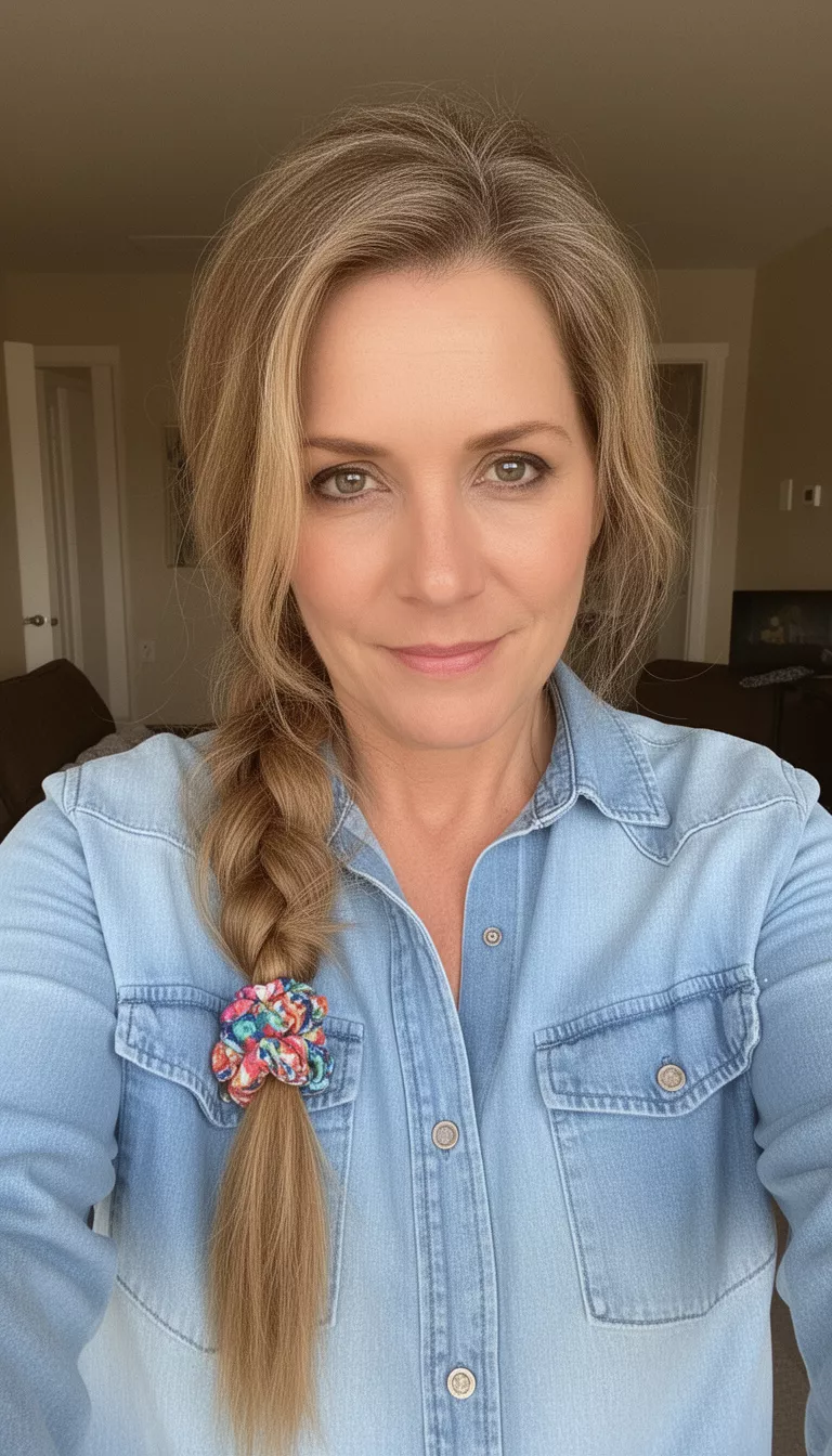 selfie of a 42-year-old woman wearing a light blue denim shirt with a light brown colored long hair in a loose side braid with a colorful scrunchie hairstyle, front view, indoors.