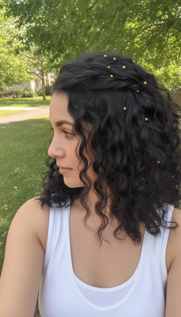 selfie of a 34-year-old woman wearing a white top with a dark colored medium-length curly hair with small gold hair beads hairstyle, side view, outdoors.