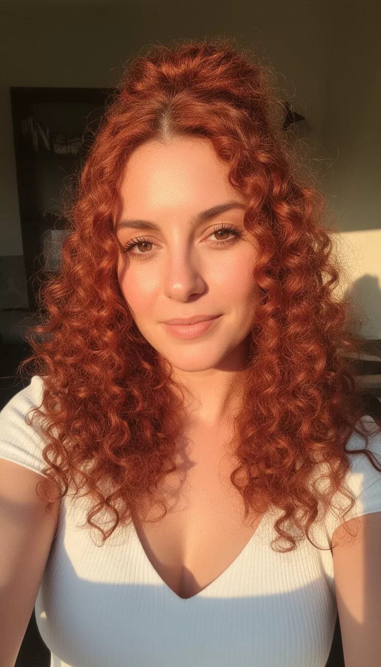 selfie of a 31-year-old woman wearing a white top with a reddish-brown colored curly hair in a half-up style hairstyle, front view, warm sunlight.