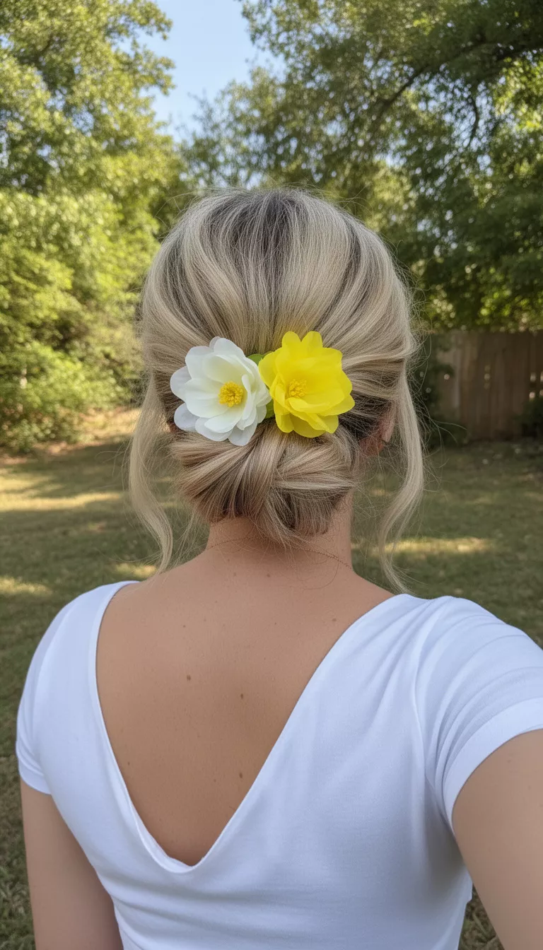 selfie of a 38-year-old woman wearing a white top with a blonde colored low bun with pieces pulled out and a large yellow and white flower clip hairstyle, back view, outdoor setting.
