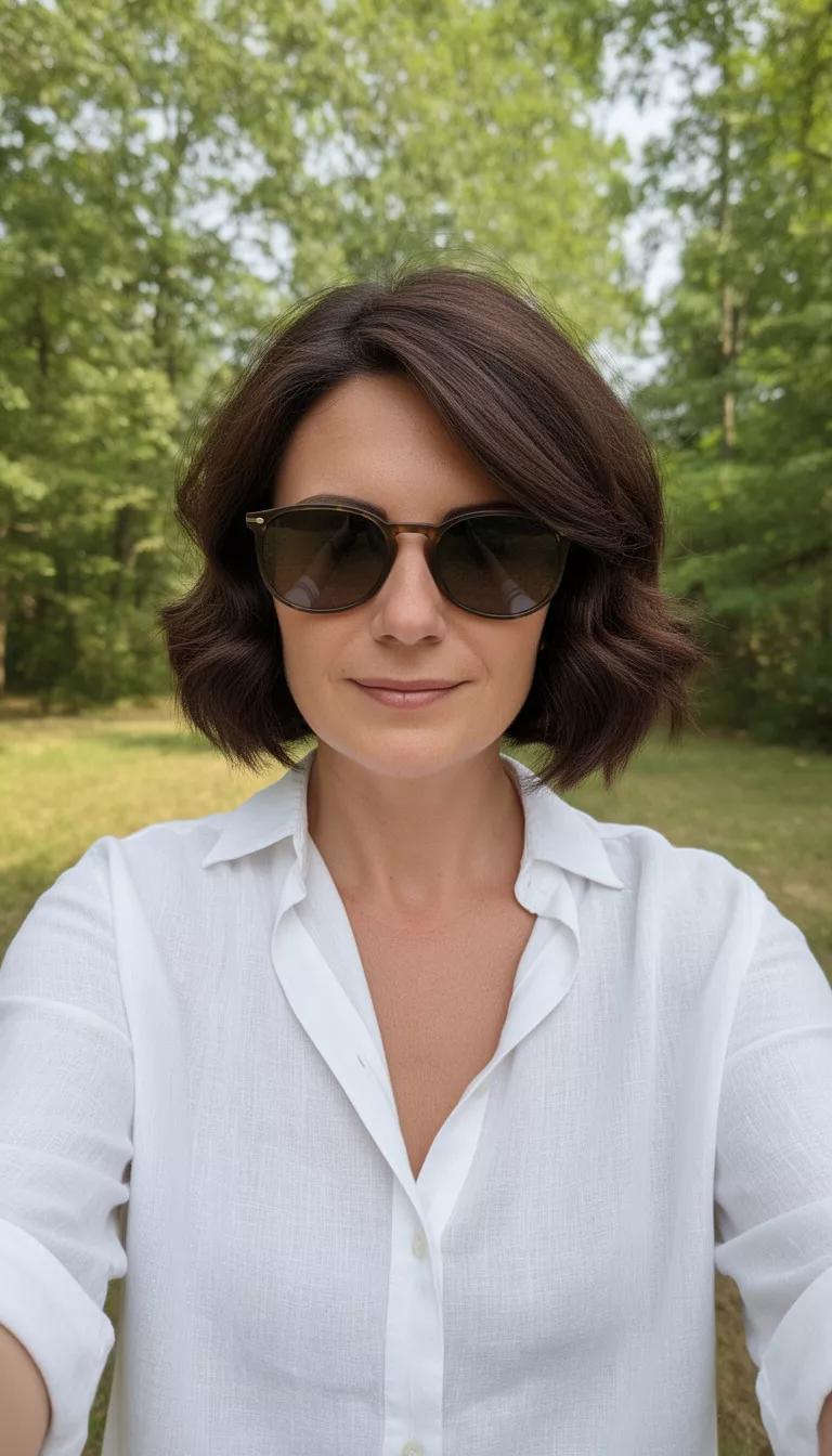 selfie of a 37-year-old woman wearing an unbuttoned white linen shirt and sunglasses with a dark brown colored short wavy hairstyle, front view, outdoors.