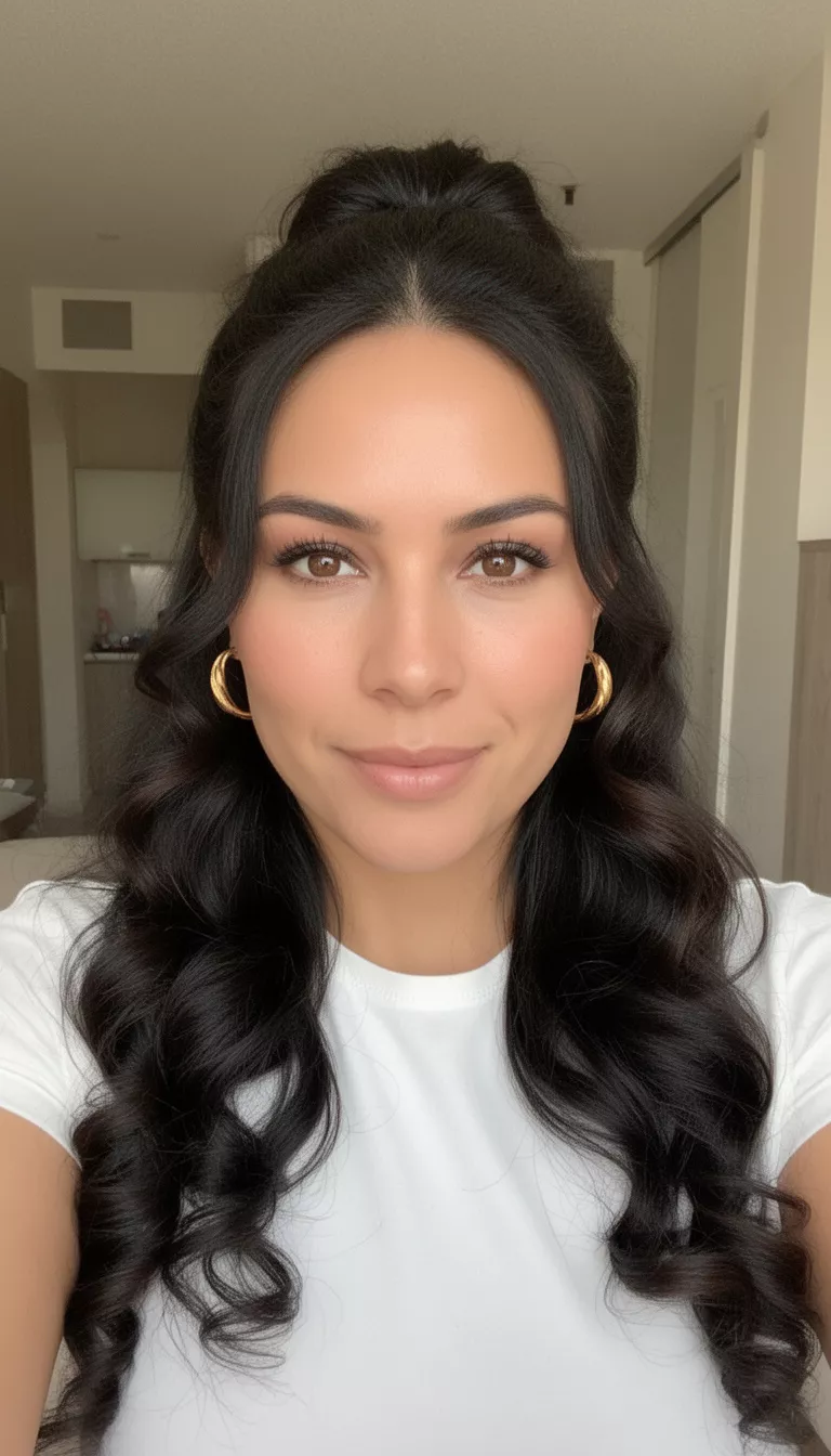 selfie of a 31-year-old woman wearing a white top and gold hoop earrings with a dark colored half-up, half-down style with defined curls hairstyle, front view, indoors.