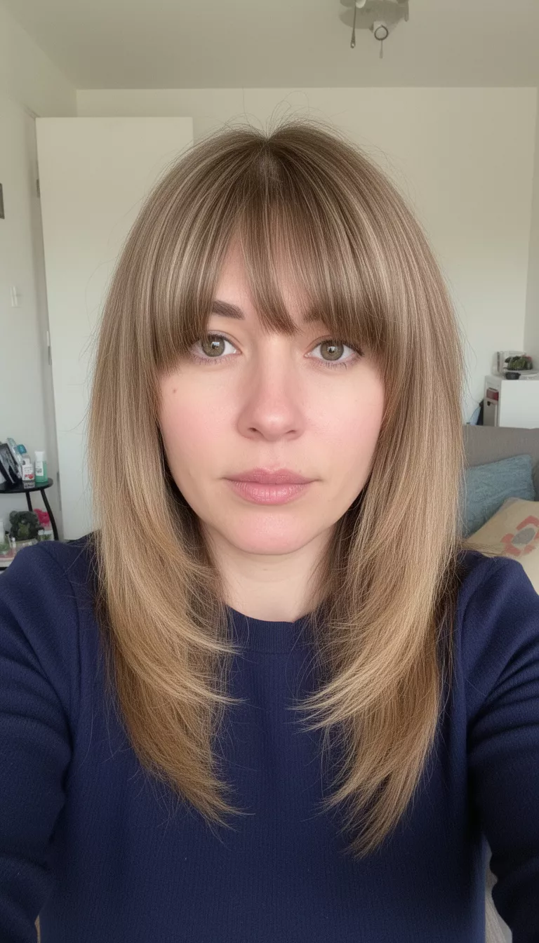 selfie of a 34-year-old woman wearing a dark navy top with a light brown colored layered hair with curtain bangs hairstyle, front view, indoors.
