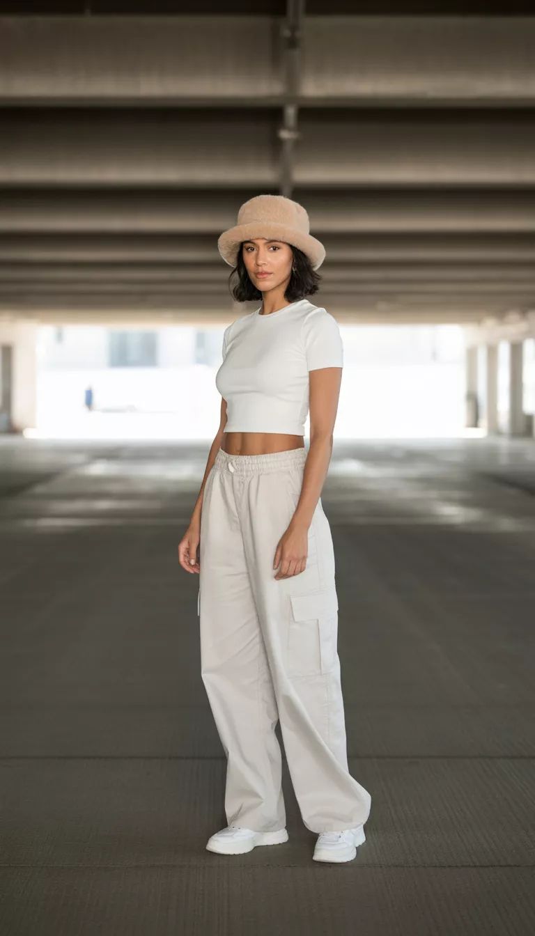 A realistic photo of a woman standing in a concrete parking garage wearing an all white outfit consisting of a fitted short sleeve crop top and baggy cargo pants with white sneakers and a beige fuzzy bucket hat.