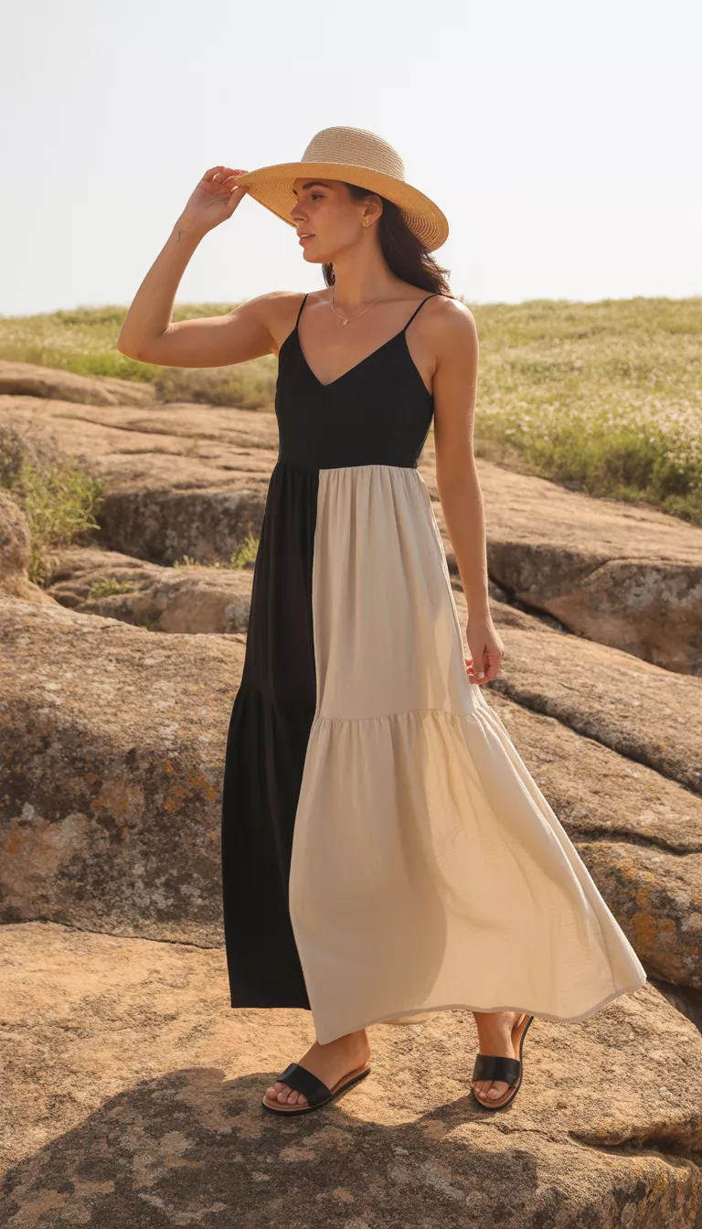 A realistic photo of a woman standing on rocky terrain wearing a two tone maxi dress with a black spaghetti strap bodice and a voluminous cream skirt paired with black flat sandals and a straw sun hat.