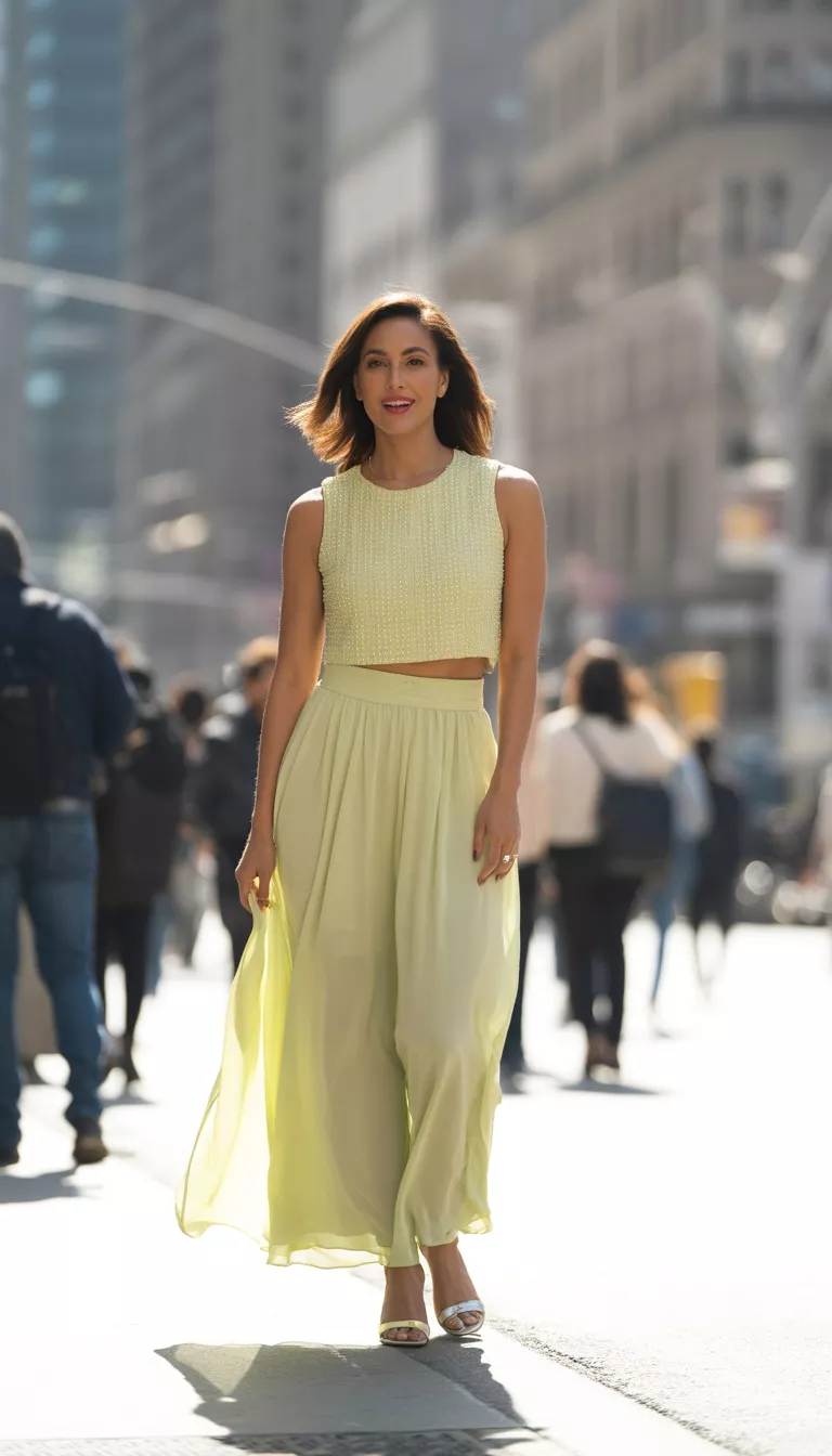 A realistic photo of a woman standing on a city sidewalk wearing a sleeveless beaded pale yellow crop top and a matching high waisted flowy chiffon maxi skirt with white heeled sandals.