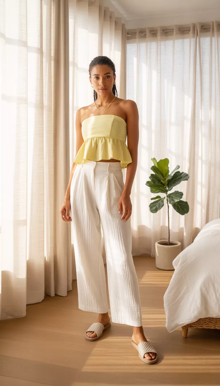 A realistic photo of a woman in a bright bedroom wearing a pale yellow strapless peplum crop top and high waisted white wide leg trousers with light brown textured slide sandals.