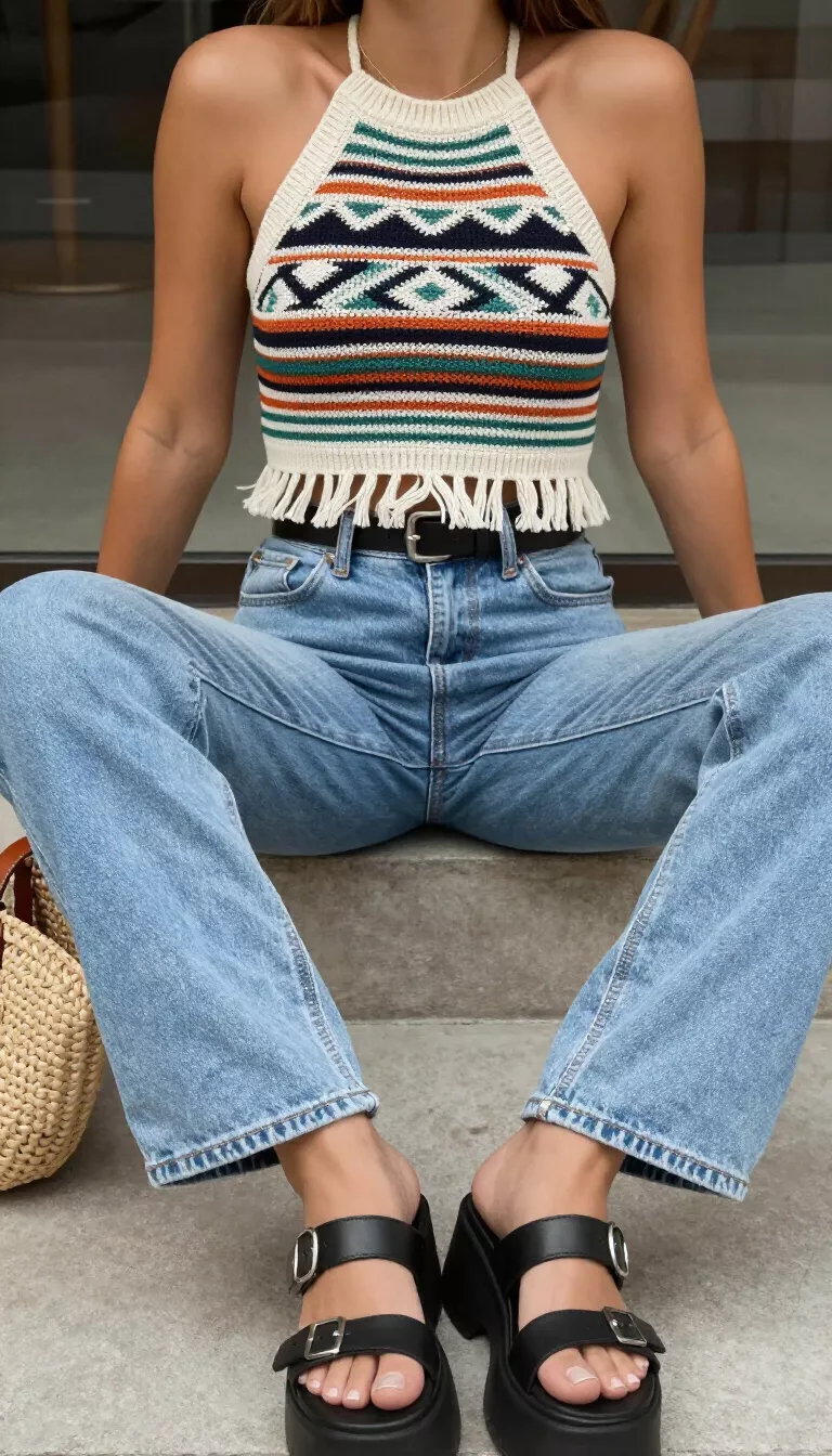 A realistic photo of a woman sitting outdoors wearing a geometric patterned knit halter crop top with fringe and light wash straight leg jeans with black platform sandals and a straw bag.