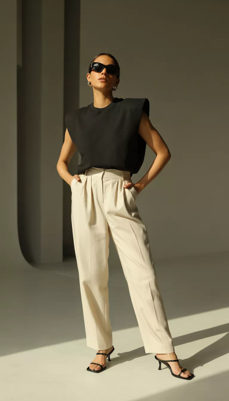 A realistic photo of a woman wearing a black padded shoulder muscle tank tucked into high waisted cream lightweight trousers with black strappy low heel sandals and large black sunglasses.