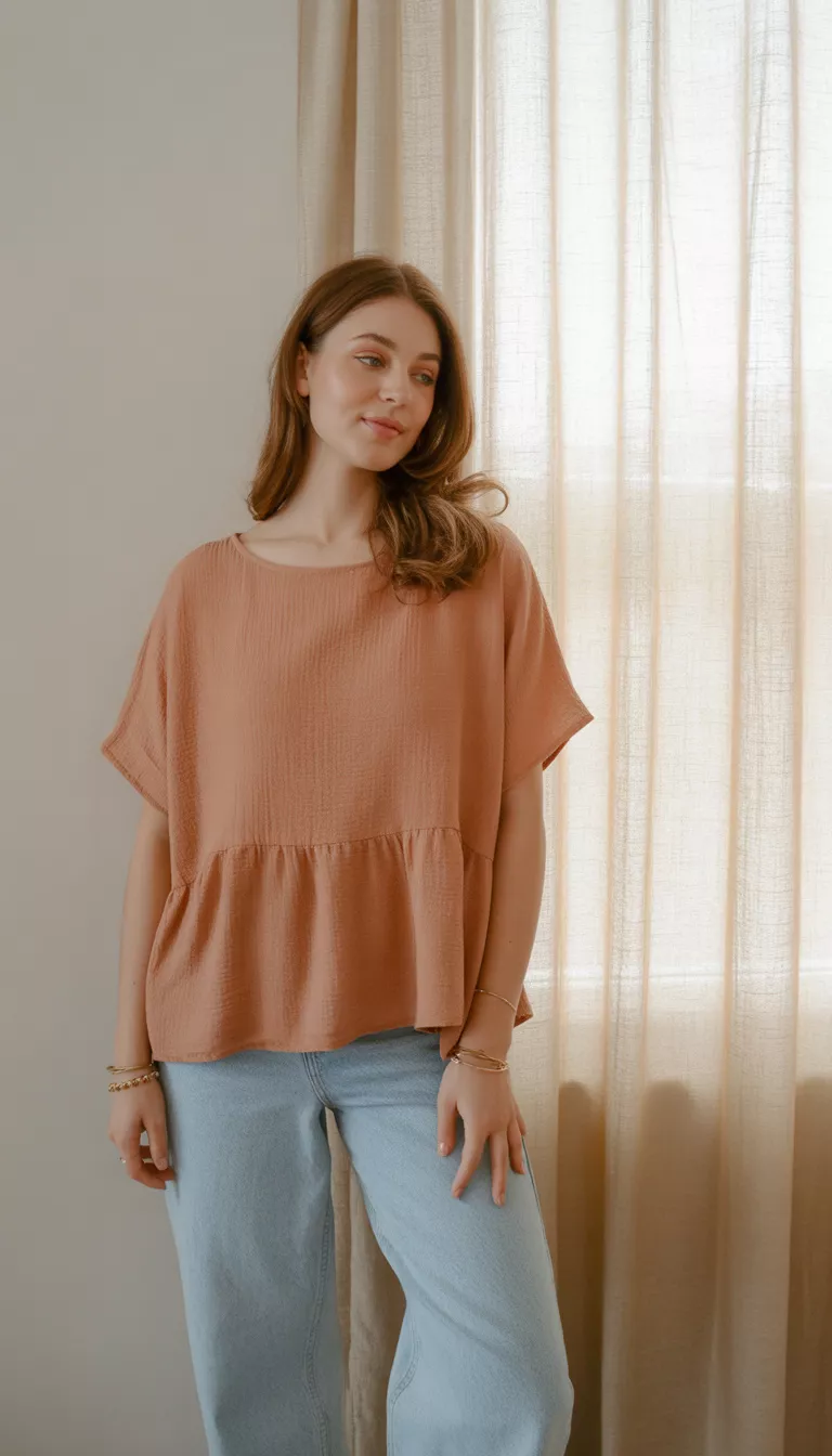 A realistic photo of a young woman standing indoors wearing a loose short sleeved coral babydoll top over light wash wide leg jeans accessorized with delicate gold bracelets.