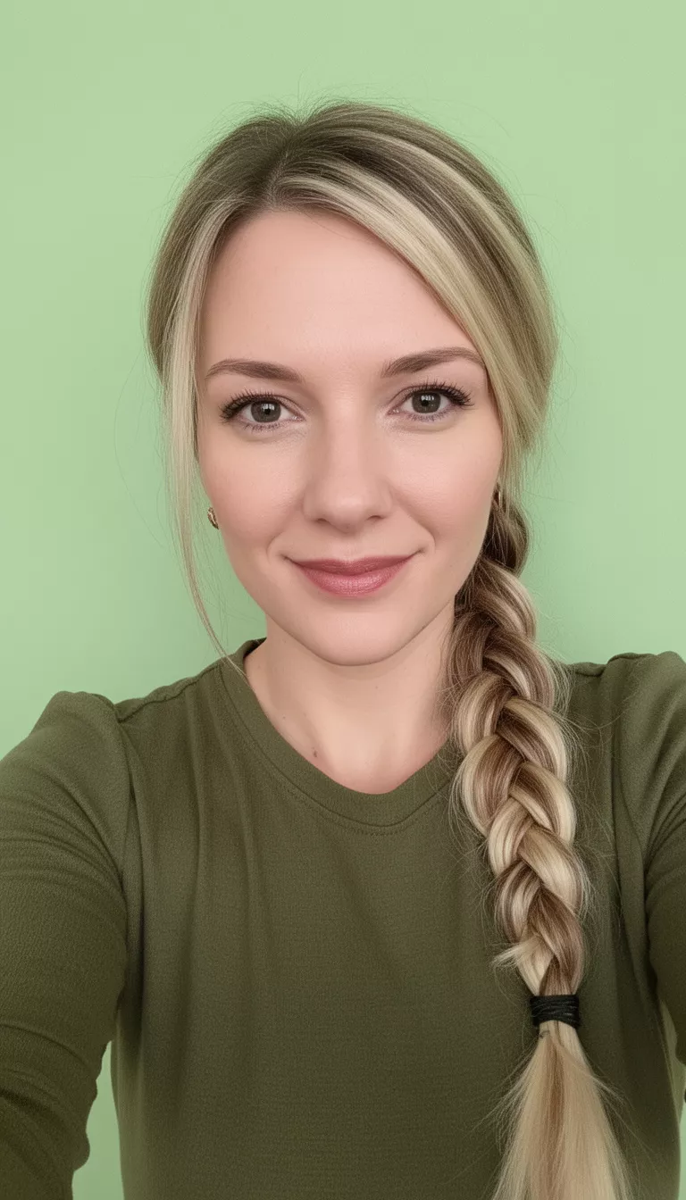 selfie of a 31-year-old woman wearing an olive green top with a blonde and brown mixed colored braided hairstyle, front view, light green background.