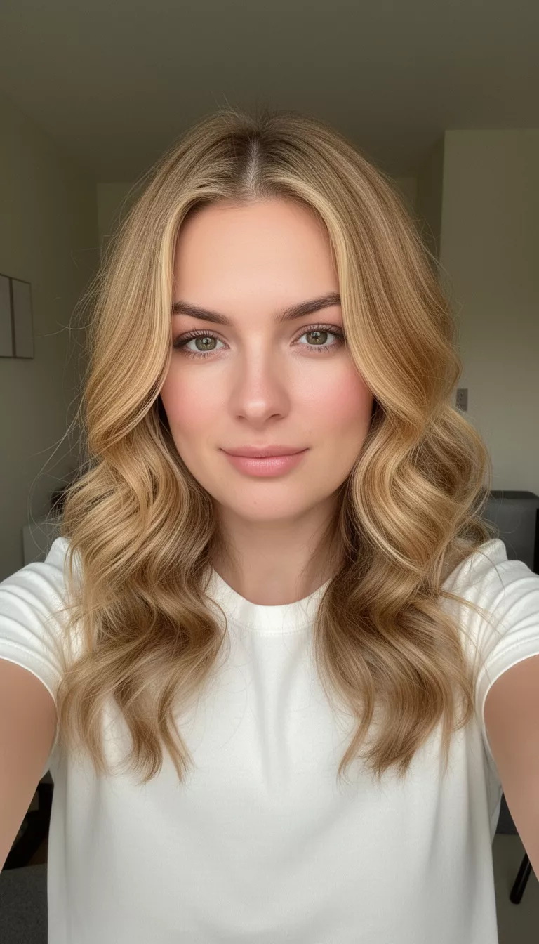 selfie of a 28-year-old woman wearing a simple top with a honey-blonde colored wavy hairstyle, front view, soft indoor lighting.