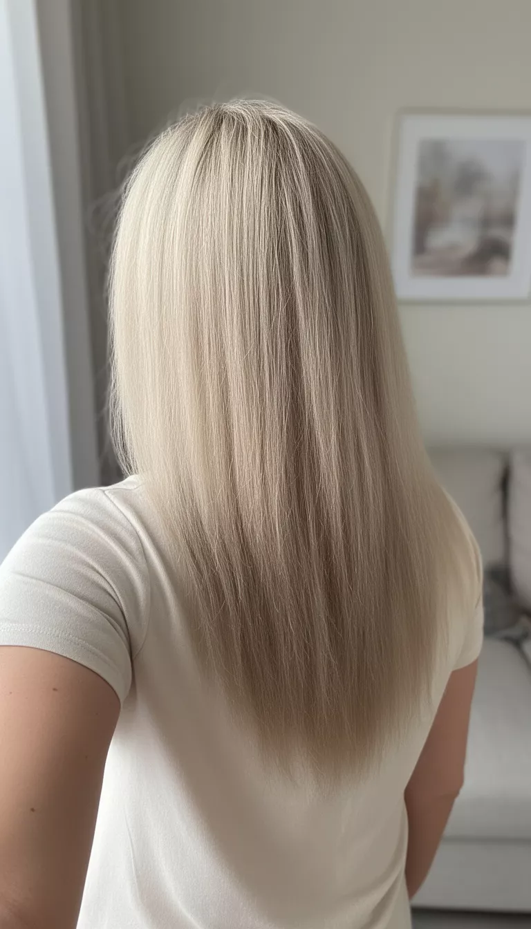 selfie of a 49-year-old woman wearing a light top with a light beige colored long hairstyle, back view, indoor background.