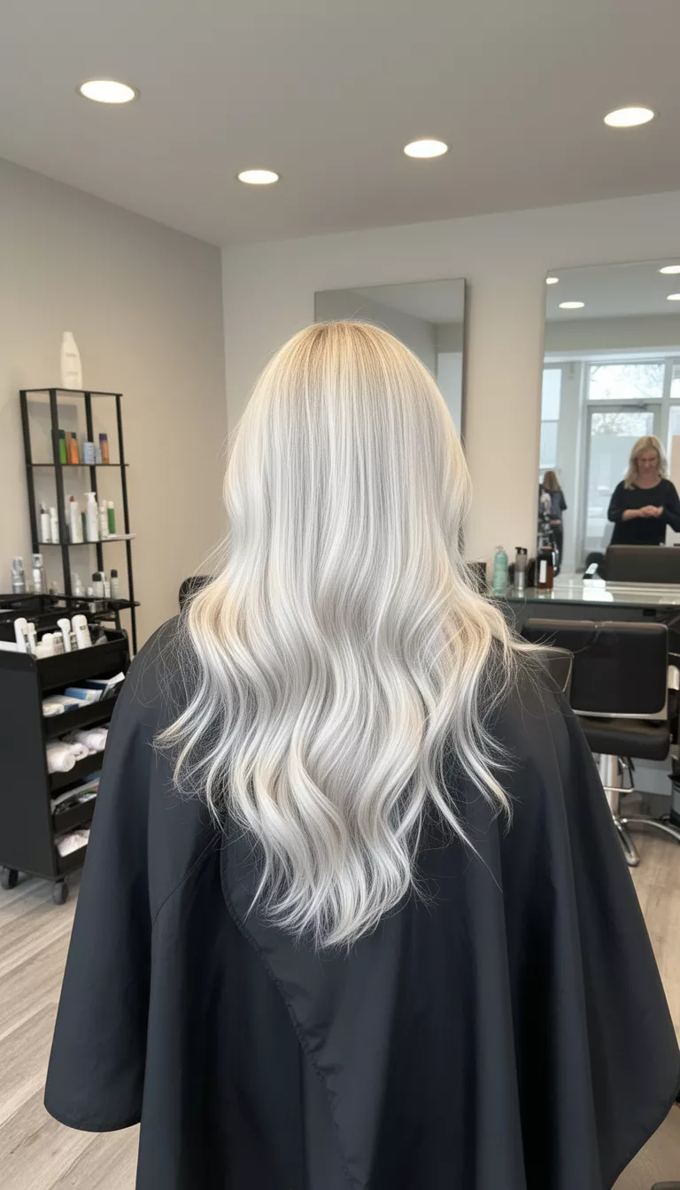 selfie of a 37-year-old woman wearing a salon cape with a bright platinum blonde colored long hairstyle, back view, salon setting.