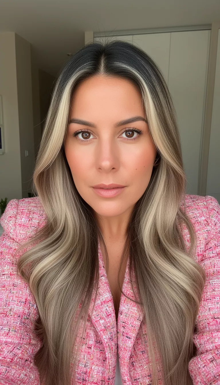 selfie of a 30-year-old woman wearing a pink tweed jacket with a blonde-highlighted colored long hairstyle, front view, close up.