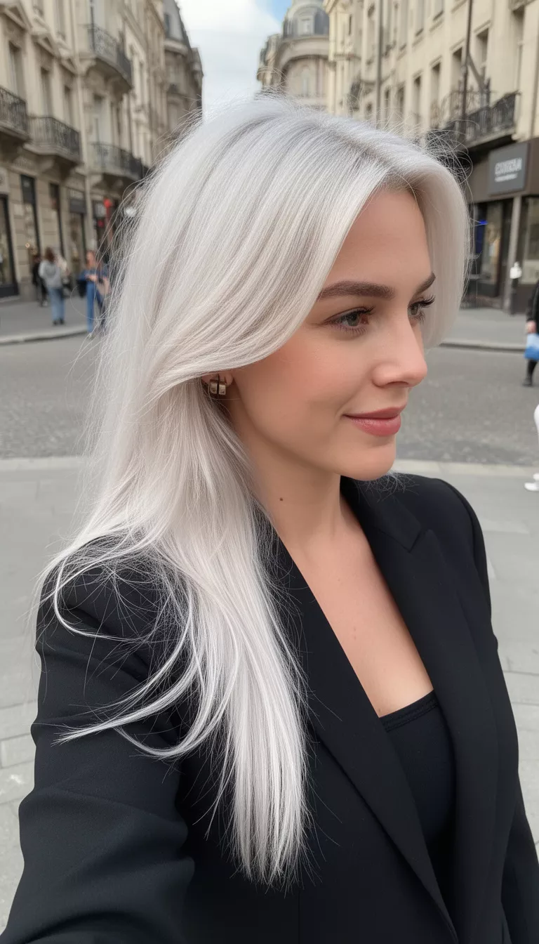 selfie of a 30-year-old woman wearing a black blazer with a bright platinum blonde colored long hairstyle, side view, outdoor street background.