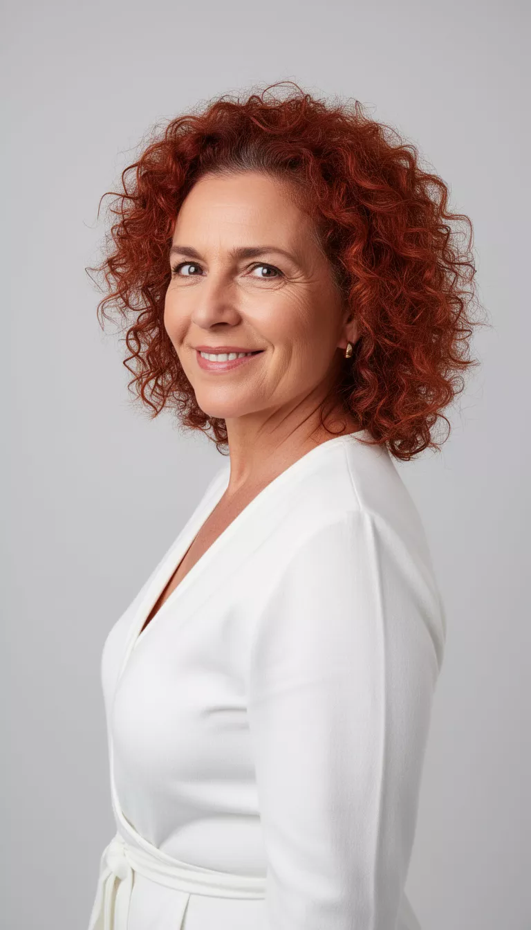 selfie of a 40-year-old woman wearing a white garment with a reddish-brown colored curly hairstyle, side view, studio lighting.