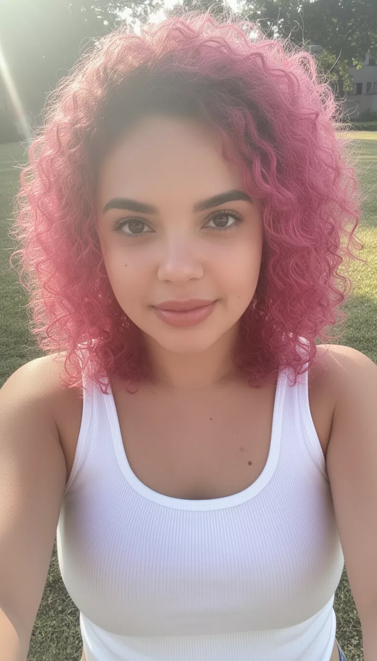 selfie of a 27-year-old woman wearing a white tank top with a pink-toned colored curly hairstyle, front view, bright sunlight background.