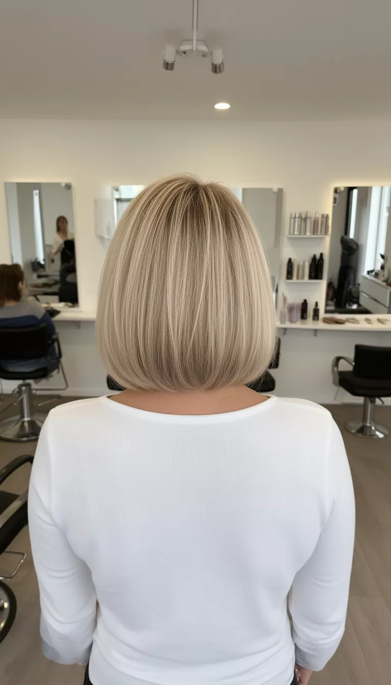 selfie of a 41-year-old woman wearing a white top with a beige blonde colored bob hairstyle, back view, indoor salon setting.