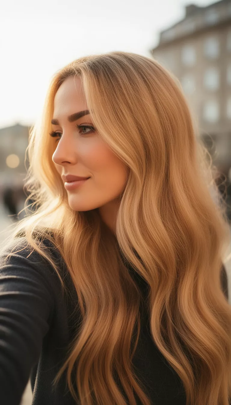 selfie of a 29-year-old woman wearing a dark top with a honey wheat blonde colored long hairstyle, side view, bright warm lighting with blurred background.