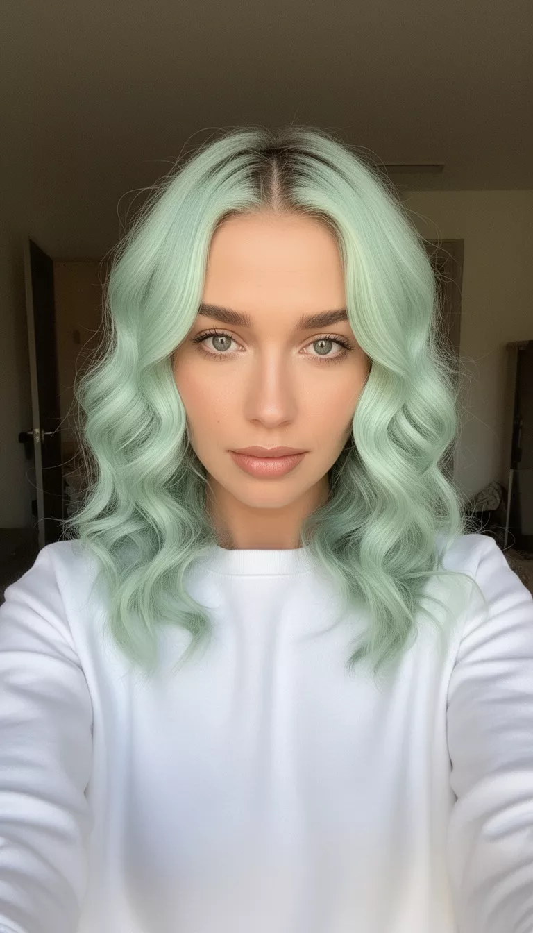 selfie of a 33-year-old woman wearing a white crewneck with a light mint green colored wavy hairstyle, front view, indoor background.