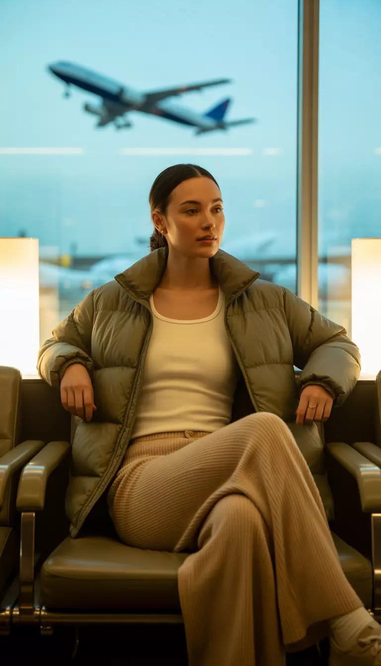 A beautiful woman in a khaki puffer jacket, white tank top, beige wide-leg knit pants, airport lounge area.