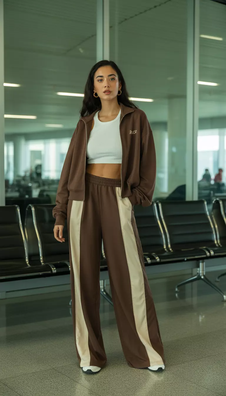 A beautiful woman in a brown zip-up sweatshirt, white crop top, brown wide-leg trousers with cream vertical racing stripes, airport lounge area.