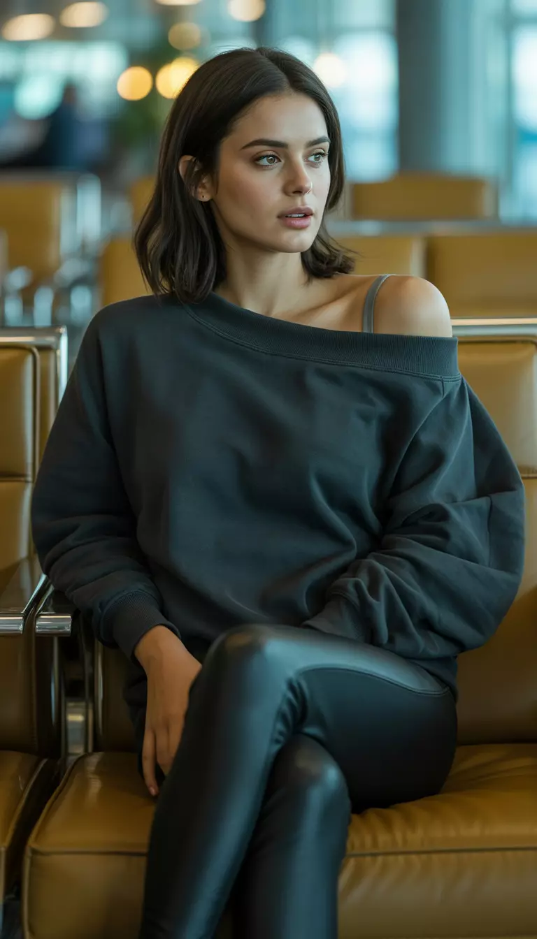 A beautiful woman in an off-the-shoulder slouchy black sweatshirt with voluminous sleeves, tight black leggings, airport lounge area.