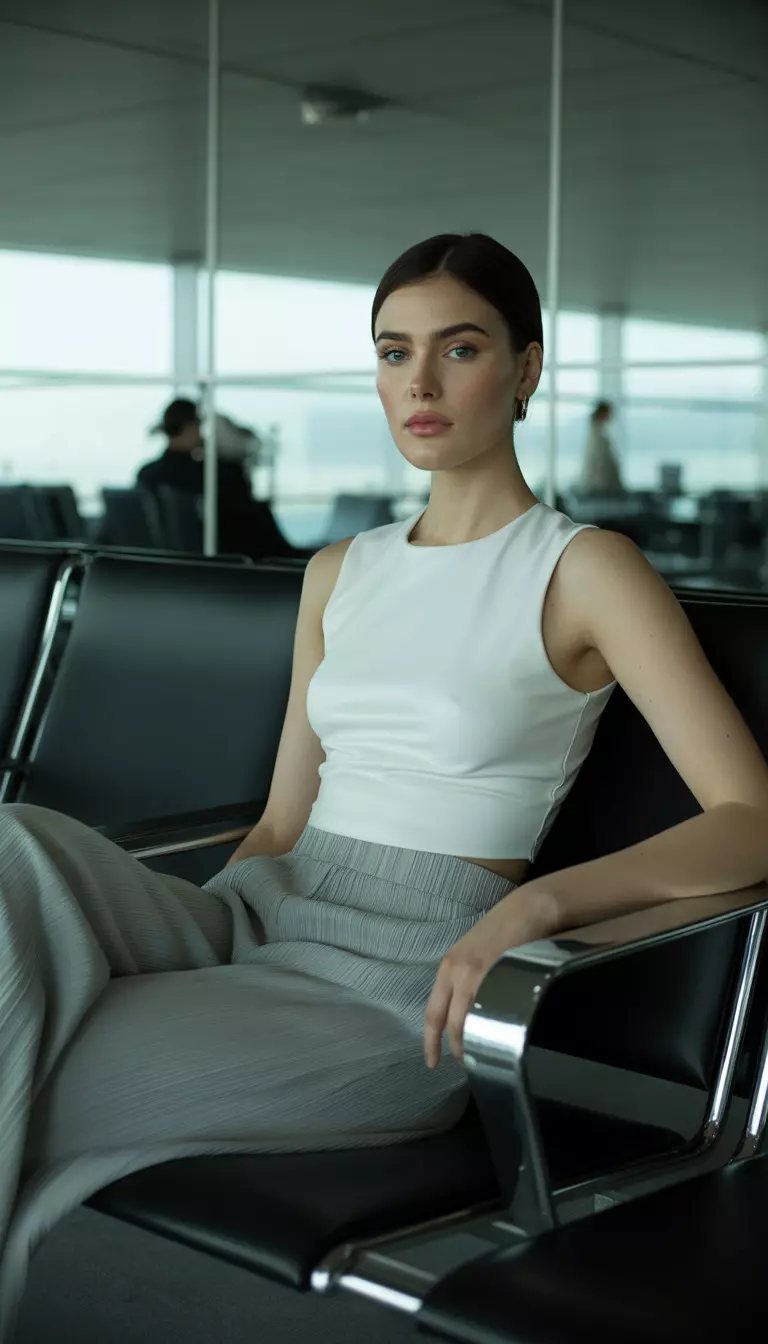 A beautiful woman in a white fitted sleeveless crop top, light grey pleated wide-leg trousers, airport lounge area.
